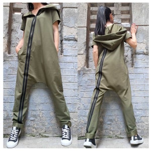 Urban Military Green Jumpsuit/Harem Cotton Overall/Casual Hooded Jumpsuit/Loose Short Sleeve Overalls/Maxi Jumpsuit/Side Pocket Overalls