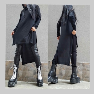 Loose Tunic/Asymmetric Maxi Tunic/Extravagant Cotton Tunic/High Collar Blouse /Long Sleeve Top/Casual Comfortable Tunic/Long Black Tunic