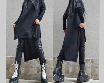 Loose Tunic/Asymmetric Maxi Tunic/Extravagant Cotton Tunic/High Collar Blouse /Long Sleeve Top/Casual Comfortable Tunic/Long Black Tunic