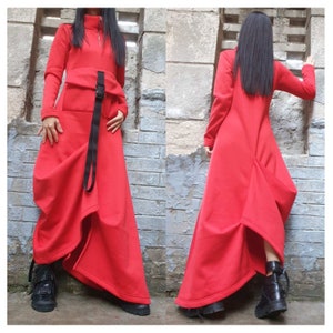 Extravagant Long Dress/Asymmetric Red Dress/Winter Long Dress/Red Cotton Dress/Long Sleeve Dress/Front Pocket Dress/Warm Soft Cotton Dress