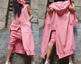 Extravagant Pink Outfit/Asymmetric Two Piece Set/Hooded Warm Vest/Harem Cotton Pants/Casual Pants Vest Set/Outwear Pink Set/Pants Vest Set