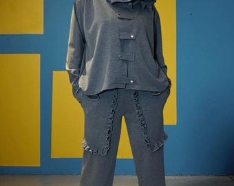 Ruffle Trim Cotton Tracksuit /  Asymmetric Hoodie & High-Waisted Pants / Two-Piece Women’s Streetwear Set
