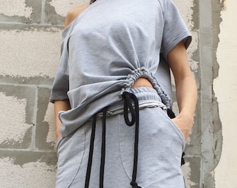 Asymmetric One Shoulder Cotton Blouse with Drawstring / Grey Short Sleeve Top / Urban Casual Designer Shirt