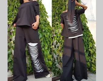 Designer Loose Women Set/Women Maxi Outfit/Designer Pants With Blouse/Extravagant Black Outfit/Women  Cotton Set/Women Casual Tracksuit