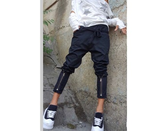 Black Cotton Harem Pants: Urban Zipper Trousers
