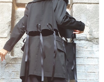 Black Asymmetrical Blazer for Women, Convertible Cotton Jacket, Deconstructed Avant Garde Blazer, Short or Long Designer Jacket with Ties