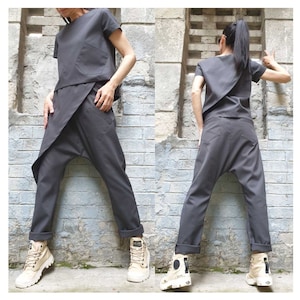 New Collection Extravagant Set/Outwear Woman Outfit/Asymmetric Grey Pants/Short Sleeve Blouse/Urban Woman Clothing /Avantgarde Two Pice Set