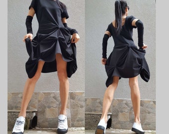 Extravagant Dress/Separate Sleeve Tunic/Asymmetric Black Tunic/Casual Cotton Dress/Short Sleeve Tunic/Summer Comfortable Tunic/Party Dress