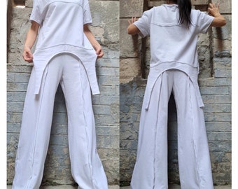 New Outwear Woman Outfit/Casual White Pants Blouse Set/Asymmetric Short Sleeve Blouse/Wide Leg Pants/Sport Cotton Set/Two Piece White Set