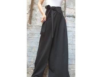 High Waist Asymmetric Black Pants / Wide Leg Designer Trousers / Avant Garde Cotton Pants / Statement Waist Tie Pants / Urban Minimal Pants