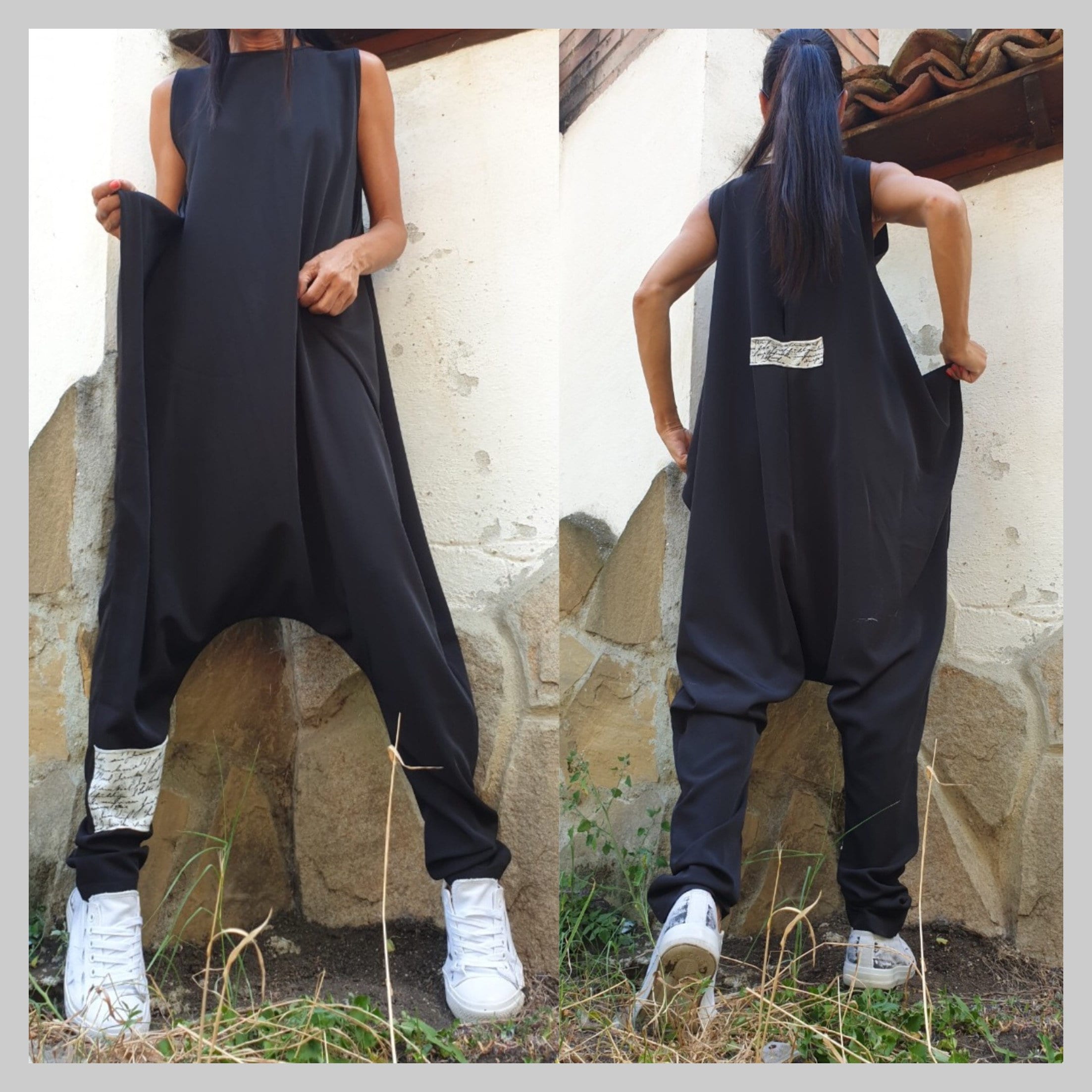 DanceeMangoos Womens Harem Jumpsuits Black Baggy Overalls Cotton Linen  Loose Fit Jumpers with Big Pockets 