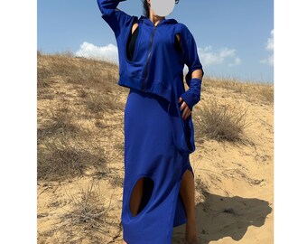 Asymmetric Cut-Out Skirt and Hoodie Set / Handmade Cotton Two-Piece Outfit / Avantgarde Streetwear