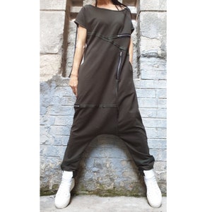 Tuta verde militare ampia/Salopette in cotone con cerniera/Tuta a maniche corte per tutti i giorni/Abbigliamento lungo da donna/Tuta con cavallo basso/Salopette harem