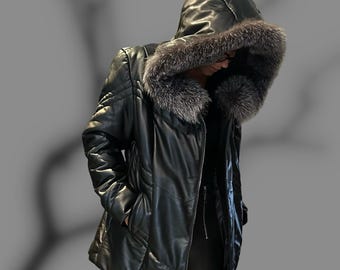 Women’s Real Lambskin Leather Coat with Genuine Fox Fur Hood / Winter Luxury Shearling Jacket / Warm Handmade Leather Outerwear