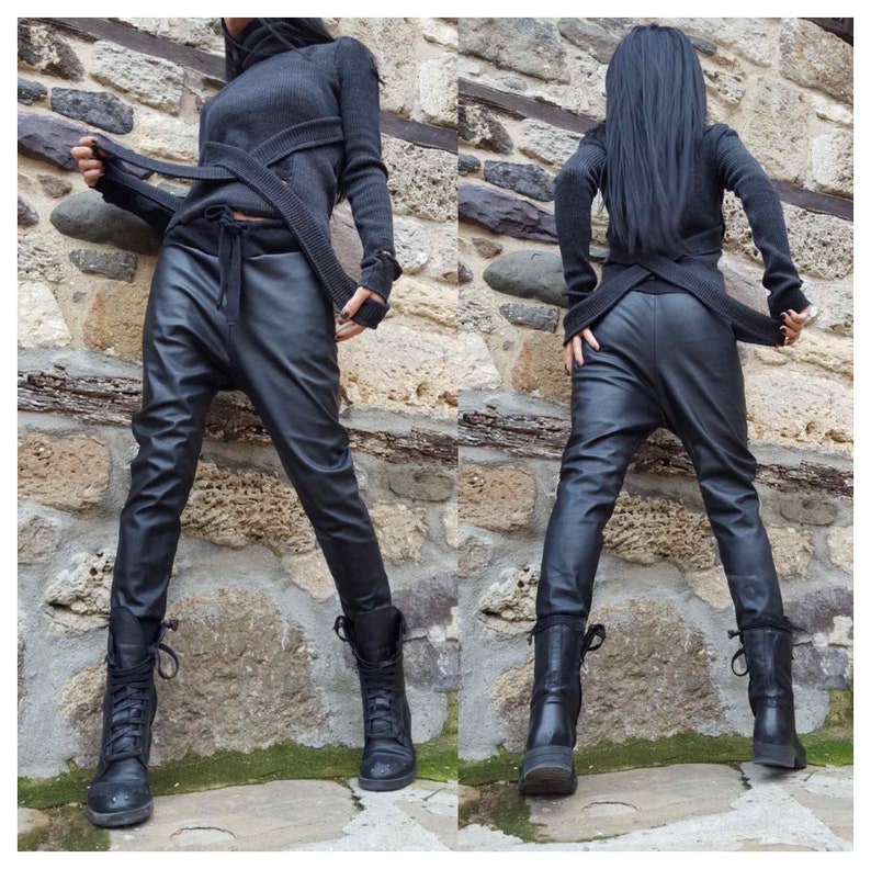 Extravagant Eco Leather Black Trousers/Casual Comfortable Pants/Everyday Extra Long Trousers/Urban Woman Clothing/Party Eco Leather Pants zdjęcie 1