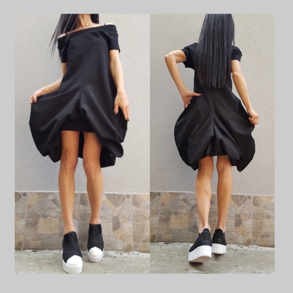 Party Woman Short Long Dress/Short Sleeve Tunic/Cotton Dress/Asymmetric Short Long Dress/Avant-Garde Tunic Dress/Extravagant Black Dress