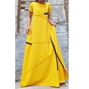 Yellow Long Dress/Loose Cotton Dress/Extravagant Zipper Dress/Short Sleeve Dress/Maxi Woman Clothing/Avantgarde Dress/Designer Dress
