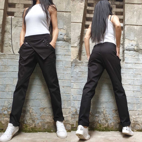 Casual Woman Pants/Extravagant Black Trousers /Everyday Cotton