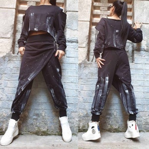 Two Piece Hand Painted Set/Extravagant Cotton Set/Asymmetric Pants Blouse Set/Long Sleeve Hand Painted Top/Casual Black  Trousers