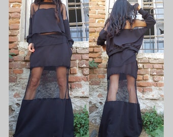 Extravagant Women Skirt/Party Women Skirt/Sexy Black Skirt/Long Black Skirt/Black Skirt With Mesh/Comfortable Skirt/Asymmetric Skirt