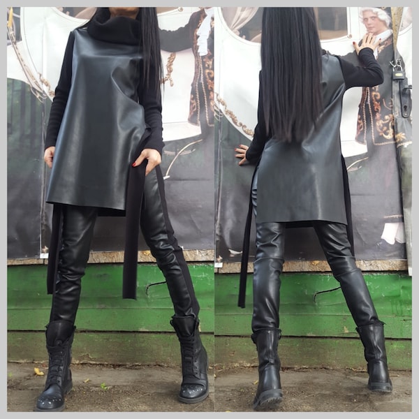 Extravagant Eco Leather Set/ Two Piece Outfit/Tunic with High Collar/Sexy Slim Fit Black Leggings/Casual Comfortable Set/Party Black Set