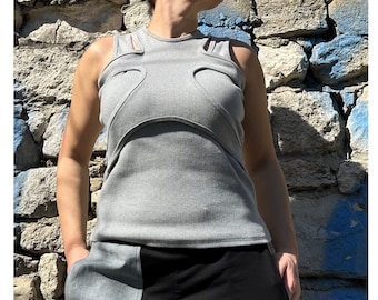 Grey Asymmetric Straps Top / High Front Neckline / Summer Tank Top / Extravagant Sleeveless Woman Blouse / Everyday Casual Cotton Top