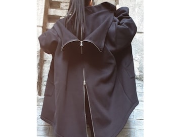 Asymmetric Black Cotton MIDI Coat with Hood – Warm Three-Thread Fleece / Double Zippers / Avant-Garde Jacket