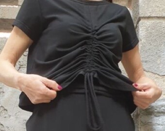 Black Summer Cotton Ruched Top for Women, Short Sleeve Asymmetrical Blouse, Adjustable Drawstring Front Top,  Casual Shirt, Avant Garde Top