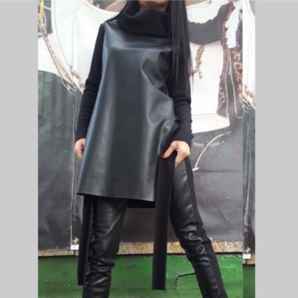 Eco Leather Tunic/Long Sleeve Top/High Collar Blouse/Extravagant Eco Leather Tunic/Everyday Black Leather Blouse/Casual Comfortable Blouse