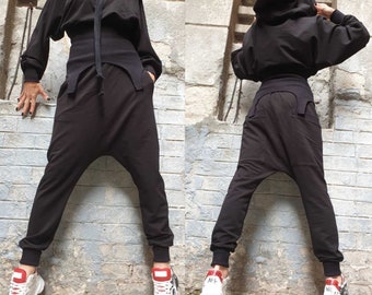 Black Cotton Tracksuit Set – Asymmetric Hoodie with Ribbed Detail & Harem Pants / Two-Piece Fleece Outfit XS–5XL