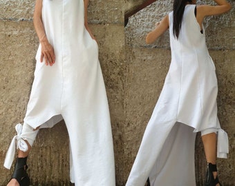 New Avantgarde Dress/White Summer Dress/Sleeveless Jumpsuit/Asymmetric Cotton Overalls/Party Woman Jumpsuit/Loose White Jumpsuit Dress