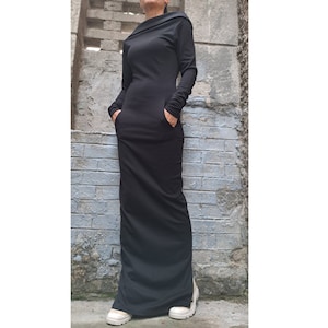Extravagant Black Dress/Long Cotton Dress/Long Sleeve Dress/Body Zipper Dress/Side Pocket Dress/Back Slit Dress/Casual Street Black Dress