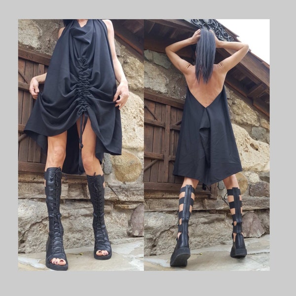 Extravagant Tunic With Bare Back/Asymmetric Women Black Tunic/Avantgarde Black Dress/Black Short Women Tunic/Casual Cotton Tunic