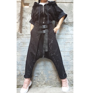 Everyday Hand Painted Set/Extravagant Bomber Pants Set/Hooded Black Short Bomber/Drop Crotch Long Pants/Casual Comfortable Two Piece Set