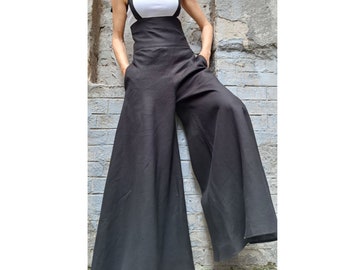 Linen Wide Leg Palazzo Pants: High Waist Suspender Trousers