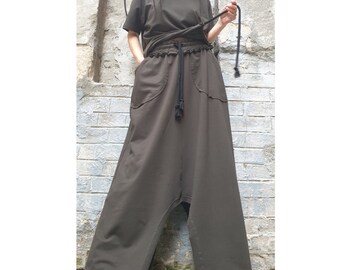Asymmetric Cotton Set / High Waist Skirt and Short Sleeve Top / Avant Garde Two Piece Outfit / Military Green Designer Set / Urban Clothing