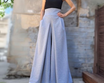 Gray Wide Leg Palazzo Pants — High Waist Cotton Elastane / Asymmetric Designer Trousers / Skirt Style Pants / Plus Size XS-5XL