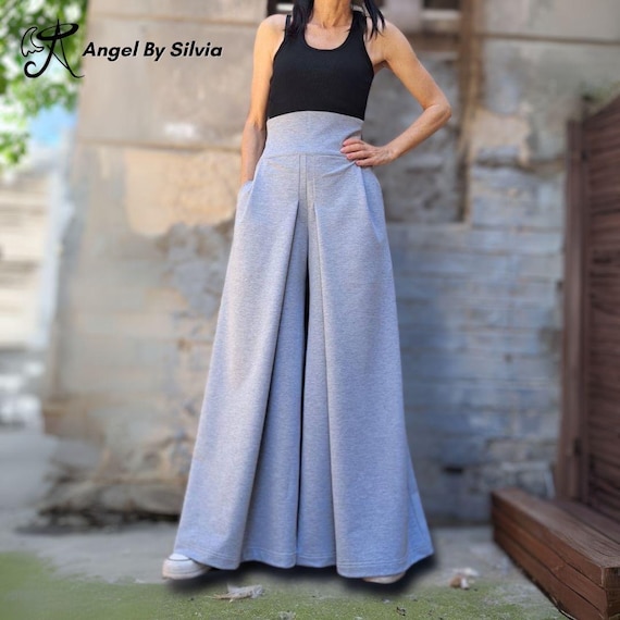 Gray Wide Leg Palazzo Pants — High Waist Cotton Elastane