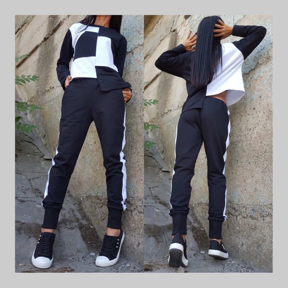 Extravagant Set two Piece Tracksuit black White Trac casual Women Tracksuit pants Blouse Set cotton Tracksuit cotton Comfortable Set Etsy Ireland