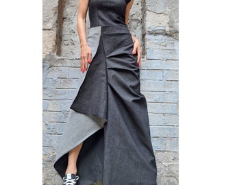 Asymmetric Denim Maxi Dress – Avant Garde A-Line Jean Dress with Side Slit / Women’s Streetwear Sculptural Dress