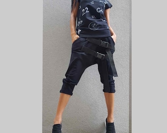 Avant-Garde Black Harem Pants – Cotton Drop Crotch Pants with Buckles / Elastic Waist & Pockets