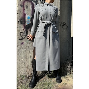 New Grey Long Shirt/Extravagant Dress Shirt/Long Sleeve Shirt/Button Front Dress Shirt/Casual Woman Dress/Outwear Long Shirt/Shirt With Belt