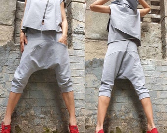 Asymmetric Summer Hooded Tracksuit Set / Sleeveless Zip Top & Harem Pants / Gray Cotton Two Piece Outfit / Avant Garde Loungewear