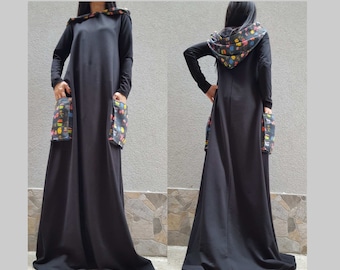 Black Kaftan Cotton Dress/Extravagant Women Long Dress/Designer Dress With Outer Pockets/Everyday Black Women Dress/Casual Comfortable Dress