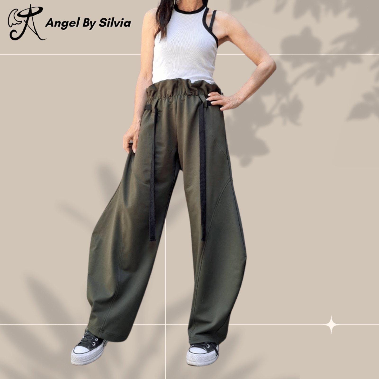 Handmade Military Green Balloon Pants: High Waist Cotton Boho Trousers