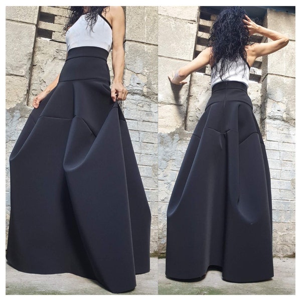 Extravagant Long Skirt/High Waist Skirt/Avant-Garde Black Skirt/Women Comfortable Skirt/Women Neoprene Skirt/Deconstructed  Skirt/Gothic