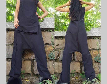 Harem Woman Jumpsuit/Extravagant  Overalls/Black Cotton Jumpsuit/Wide Leg Overalls/Urban Jumpsuit/Casual Overalls/Maxi Women Jjumpsuit