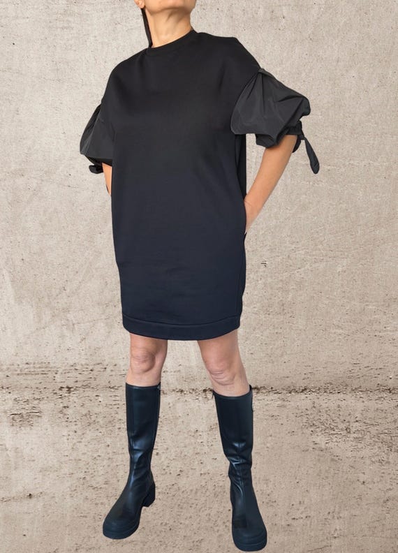 Black Cotton Tunic Dress with Balloon Sleeves - Short Puff Sleeve Dress - Oversized Minimalist Tunic