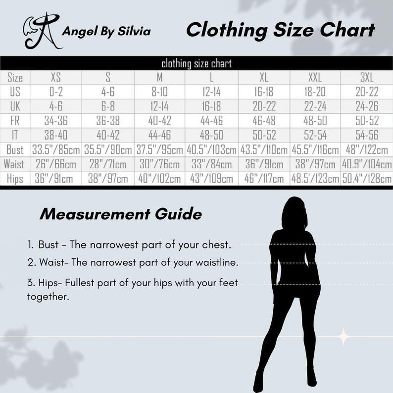 May include: Clothing size chart with measurements in inches and centimeters. Includes US, UK, FR, and IT sizes, along with bust, waist, and hip measurements. A measurement guide is also included, with a silhouette of a person.