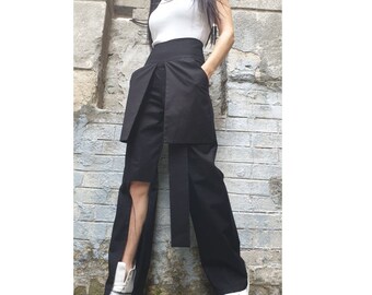 Black Asymmetrical High Waist Pants / Avant Garde Cotton Trousers / Cut Out Leg with Tulle / Designer Statement Pants for Women